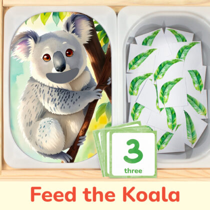 Feed the koala eucalyptus leaves counting activity placed on trofast boxes in ikea flisat children's sensory table. Printable toddler activity for Australian animals or zoo animals study unit.