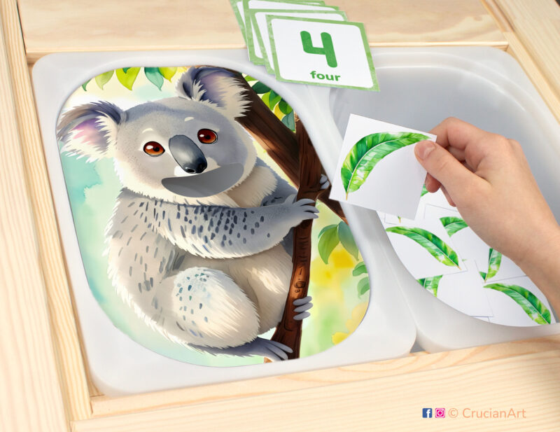 Feed the koala eucalyptus leaves sensory play in a childcare center: classroom learning printable materials for an Animals of Australia study unit. Counting trofast insert template for kids sensory bins. Printables for the ikea flisat sensory table.