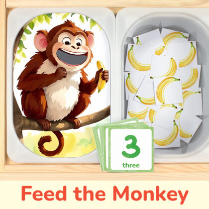 Feed the monkey bananas preschool counting activity placed on trofast boxes in ikea flisat children's sensory table. Printable toddler activity for zoo animals unit.