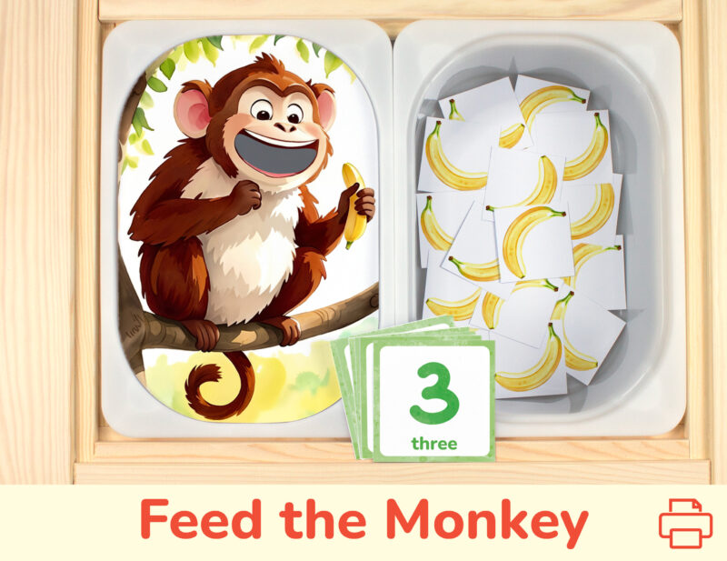 Feed the monkey bananas preschool counting activity placed on trofast boxes in ikea flisat children's sensory table. Printable toddler activity for zoo animals unit.