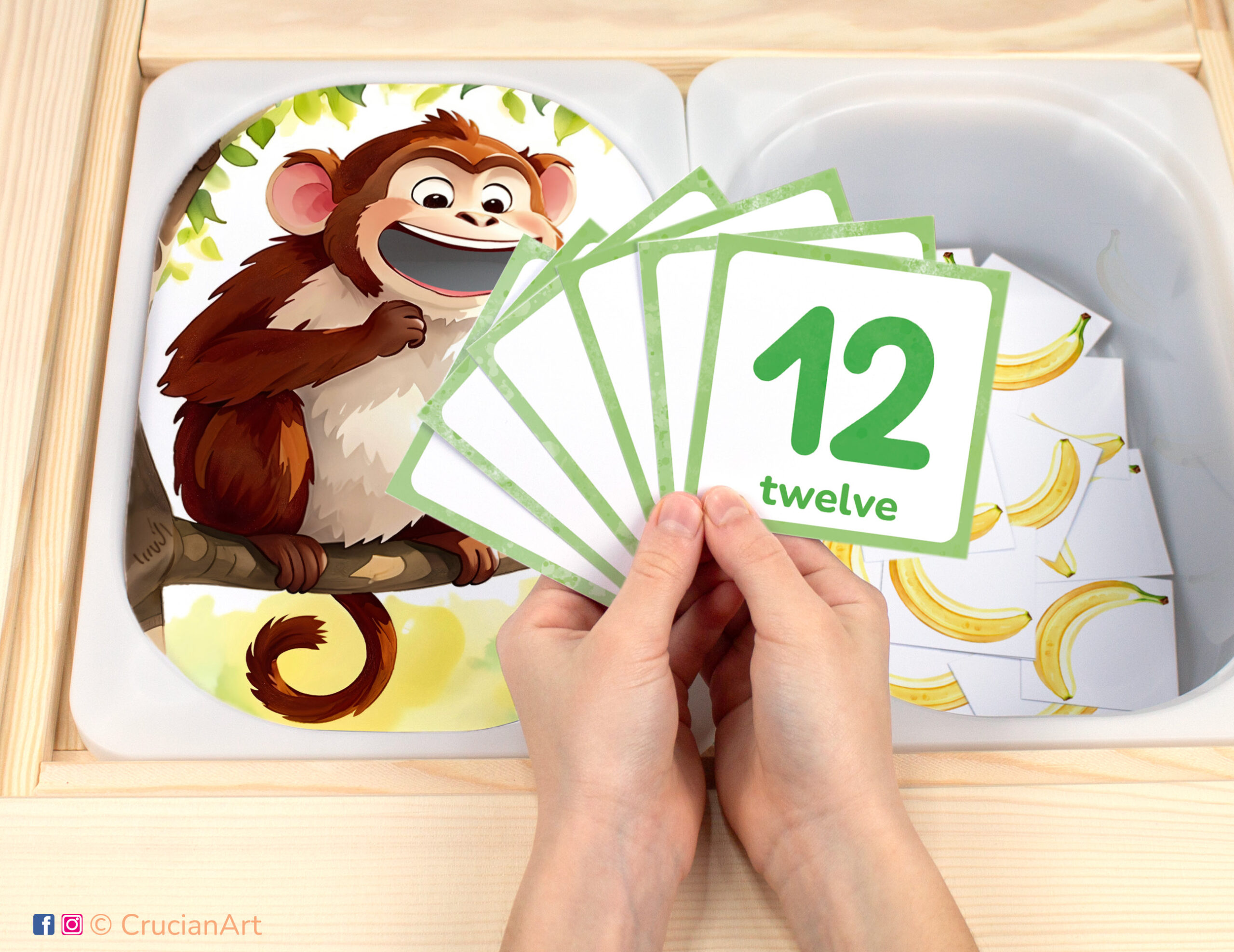 Monkey feeding pretend play setup. Sensory table insert and kids hands holding task cards displaying numerals from 1 to 12. Printable activity for zoo and jungle animals curriculum.