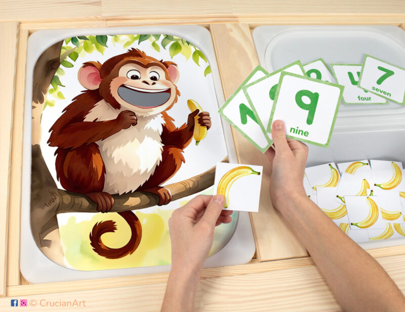 Feed the monkey bananas sensory bins play for toddlers: jungle animals theme worksheet for an educational activity. DIY template inserted into ikea flisat table, with counters placed in the trofast bin.