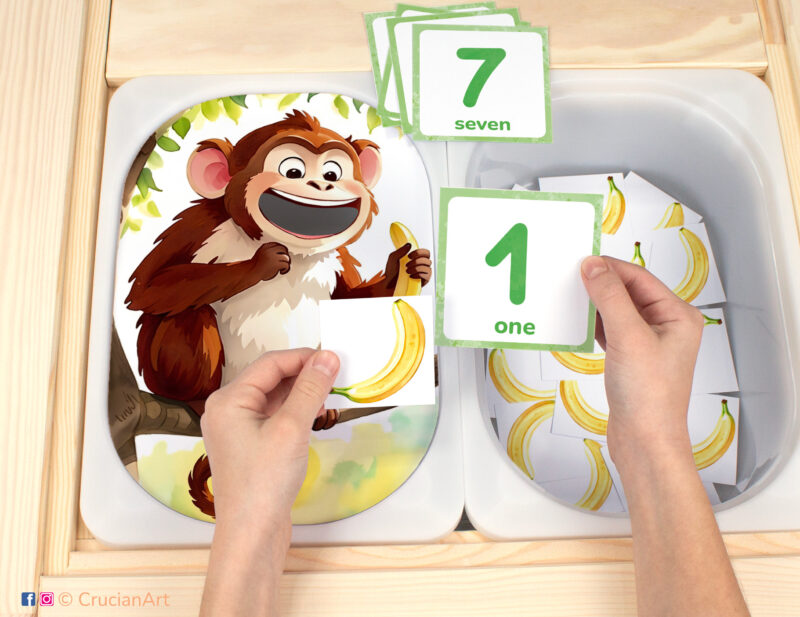 Feed the monkey bananas flisat insert resource in a Montessori preschool: early math counting activity placed on an ikea children's sensory table. Jungle animals theme play for kids sensory table insert.