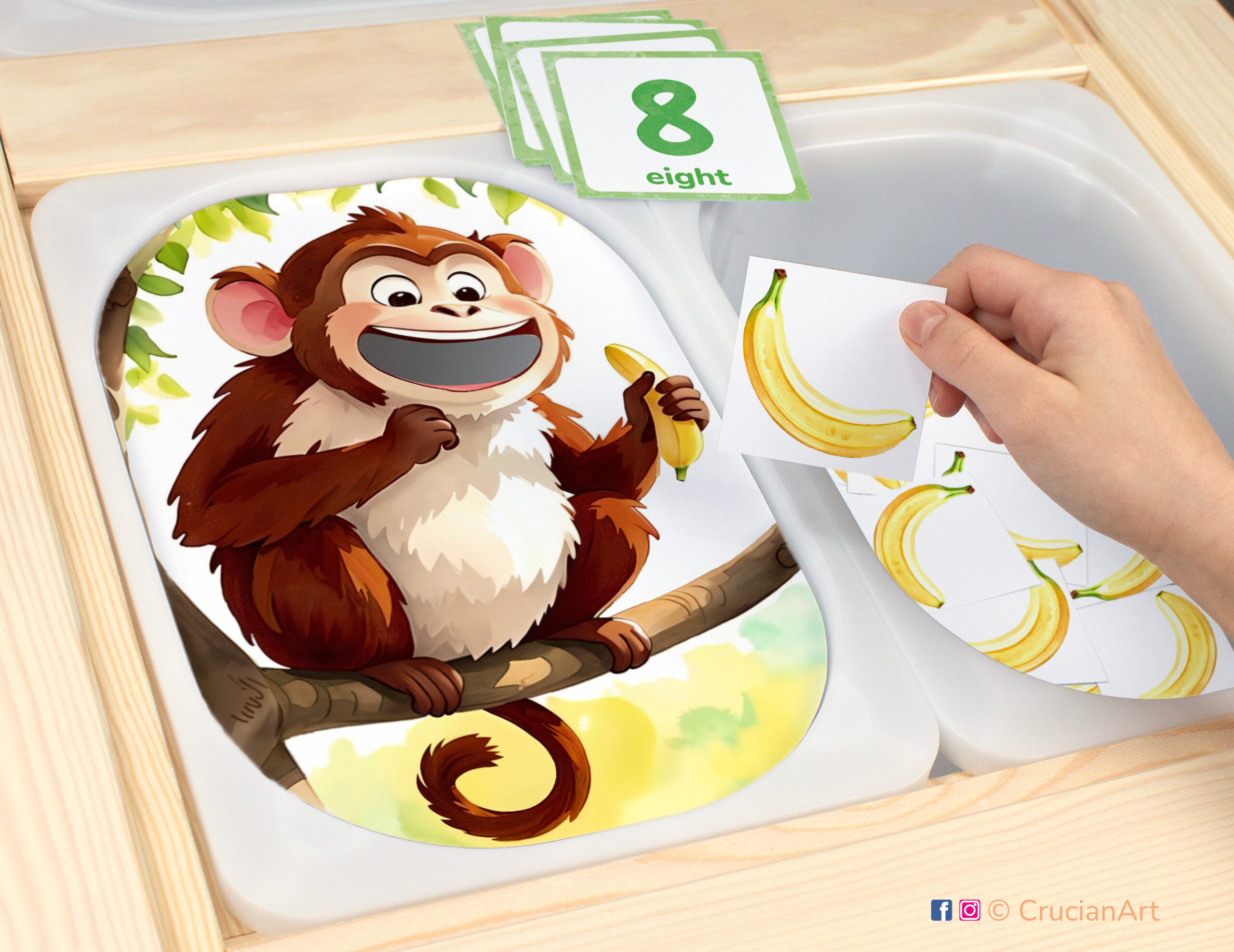 Feed the monkey bananas sensory play in a childcare center: classroom learning printable materials for jungle animals unit. Counting trofast insert template for kids sensory bins. Printables for the ikea flisat sensory table.