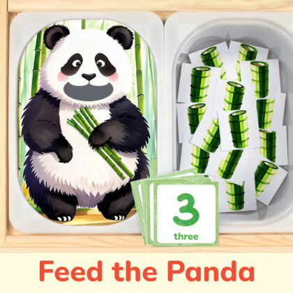 Feed the panda bamboo counting activity placed on trofast boxes in ikea flisat children's sensory table. Printable toddler activity for zoo animals study unit.