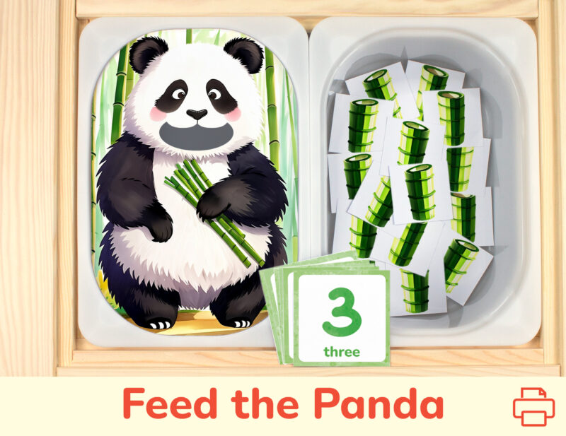 Feed the panda bamboo counting activity placed on trofast boxes in ikea flisat children's sensory table. Printable toddler activity for zoo animals study unit.