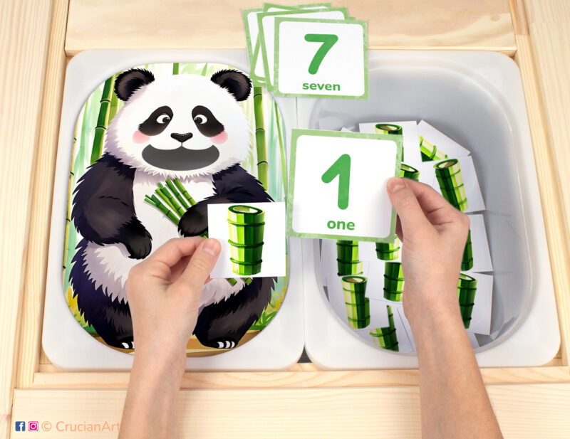 Feed the panda bamboo flisat insert resource in a Montessori preschool: early math counting activity placed on an ikea children's sensory table. Chinese animals theme play for kids sensory table insert.