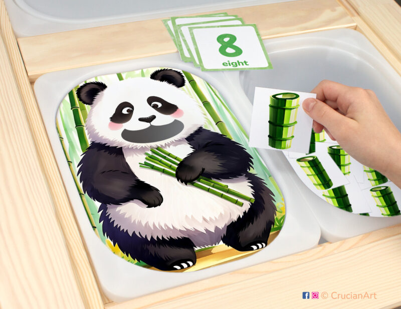 Feed the panda bamboo sensory play in a childcare center: classroom learning printable materials for an Animals of China study unit. Counting trofast insert template for kids sensory bins. Printables for the ikea flisat sensory table.