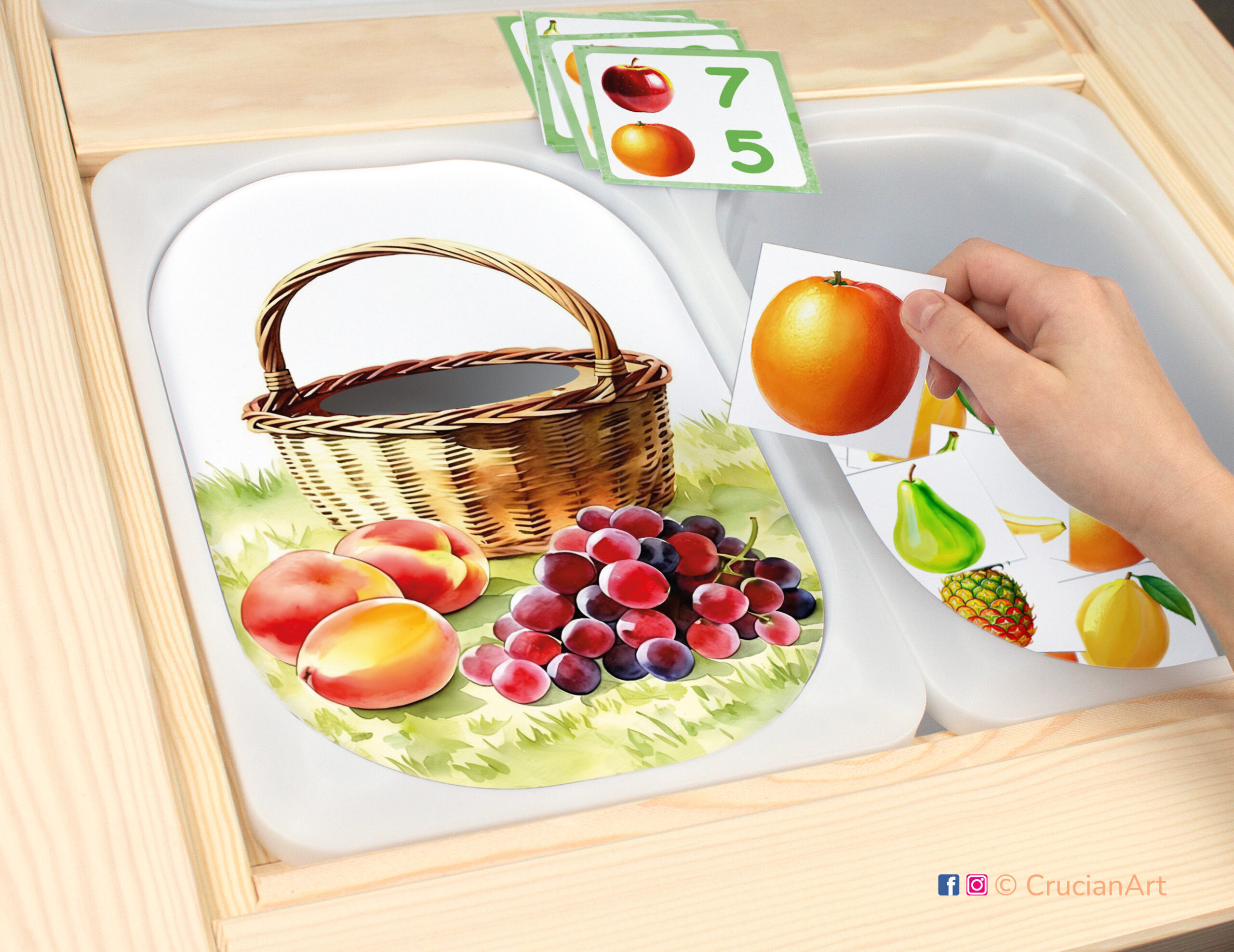 Harvest of fruits sensory play for a daycare center. Printable template for ikea flisat table bins for kids. Classroom educational printables for a fruit study unit.