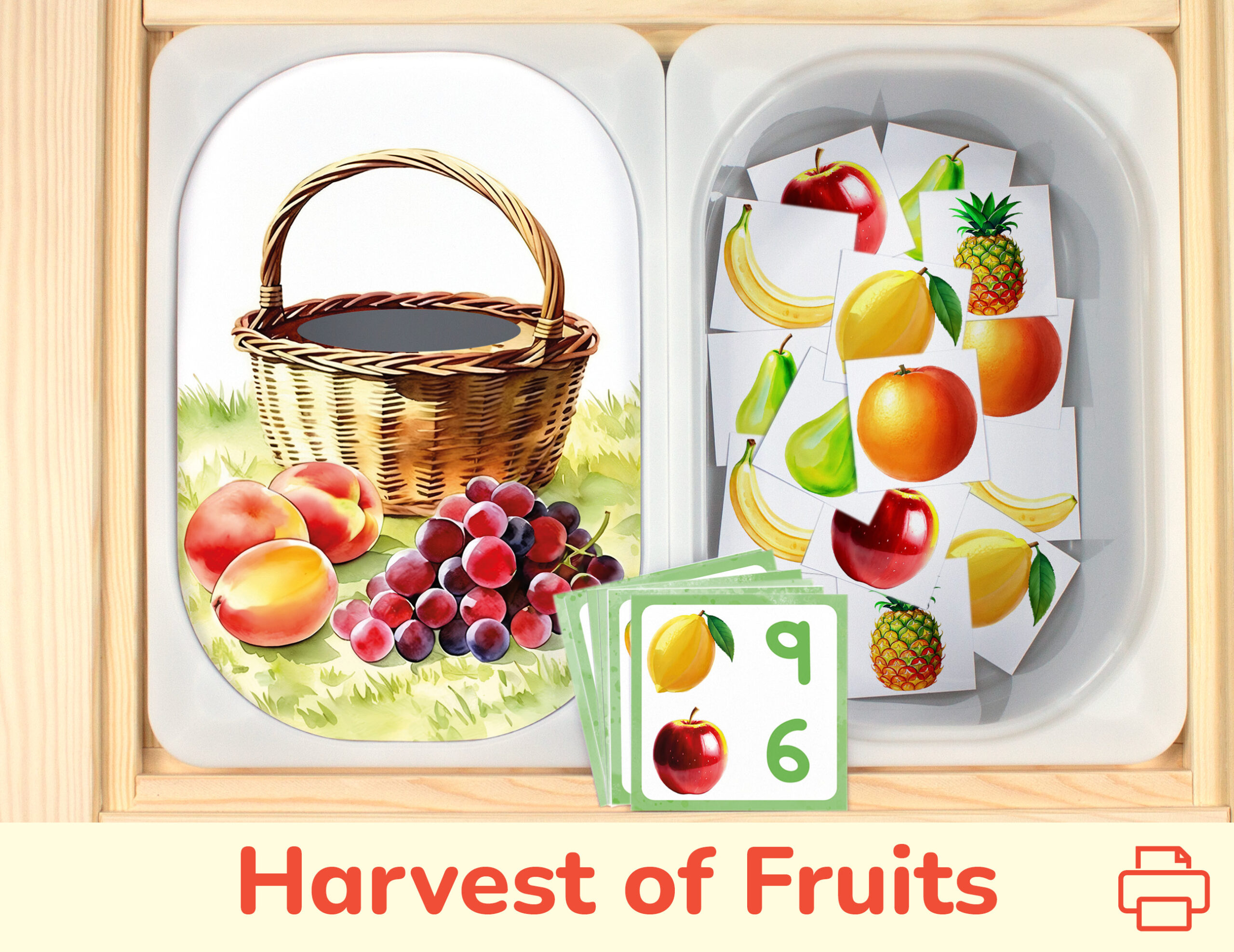 Fruit harvest counting activity placed on trofast boxes in ikea flisat children's sensory table. Printable toddler activity for summer fruits study unit.
