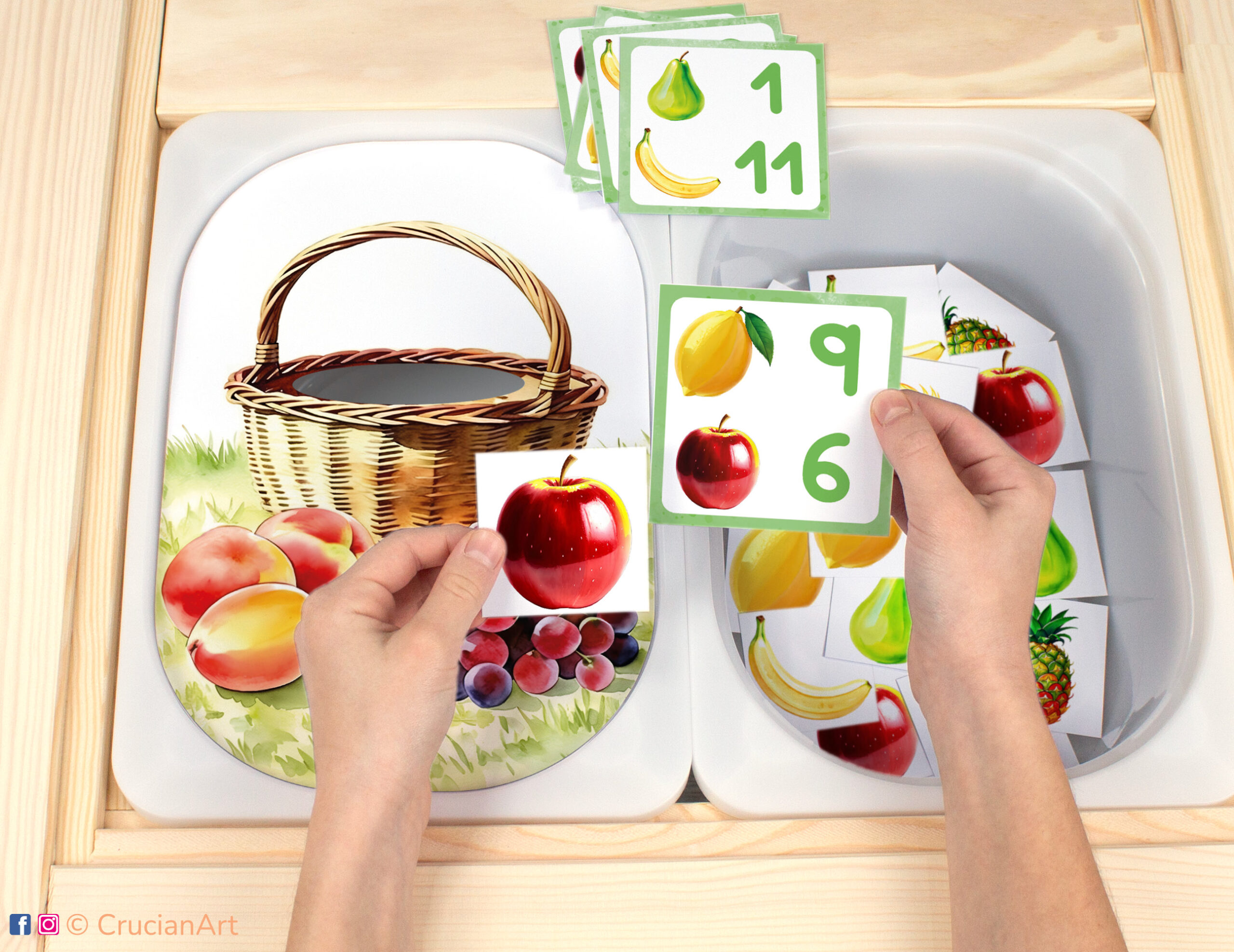 Harvest of fruits Flisat insert resource in a Montessori preschool. Harvest time theme early math counting activity placed on an IKEA children's sensory table.