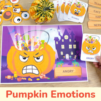 Halloween pumpkin emotions and feelings activity for kids. Emotional intelligence autumn printable resource for toddlers. Empathy-building preschool activities.