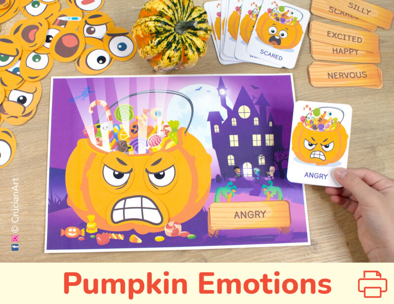 Halloween pumpkin emotions and feelings activity for kids. Emotional intelligence autumn printable resource for toddlers. Empathy-building preschool activities.