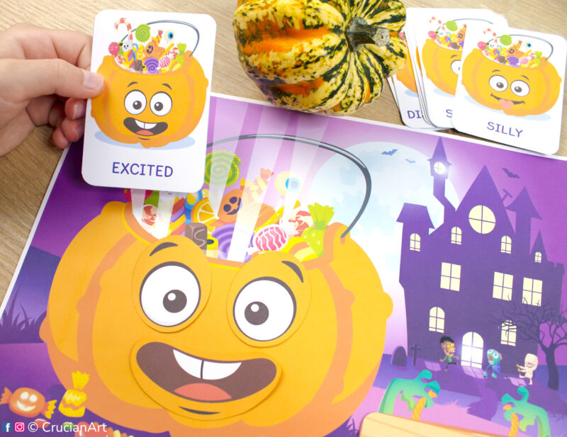 Halloween pumpkin feelings and emotions activity for toddlers. Fall season printable materials for preschool classrooms on developing emotional intelligence.
