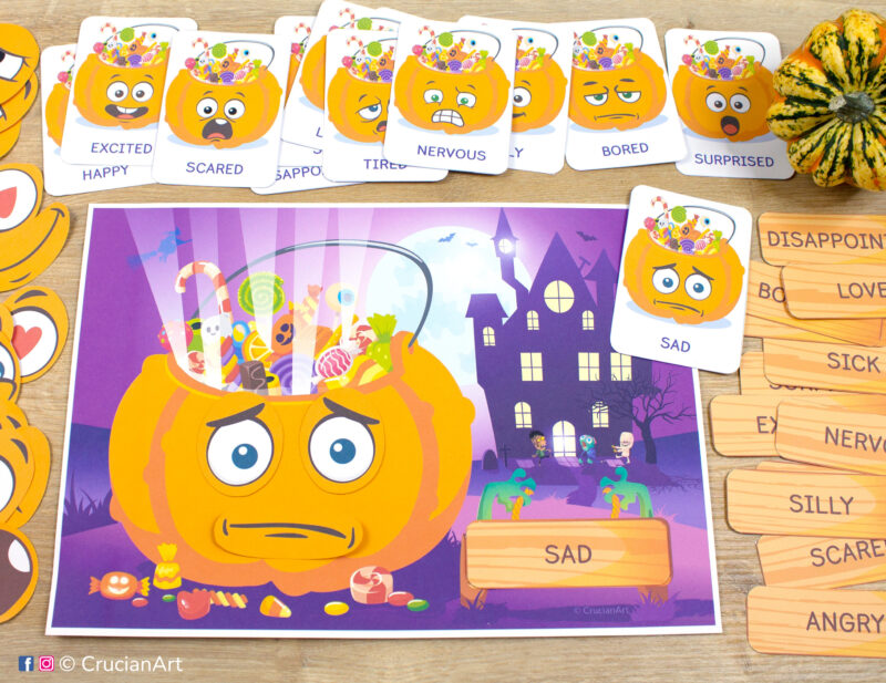 Halloween pumpkin emotions and feelings autumn activity for emotion recognition. Learning printables for preschool teachers.