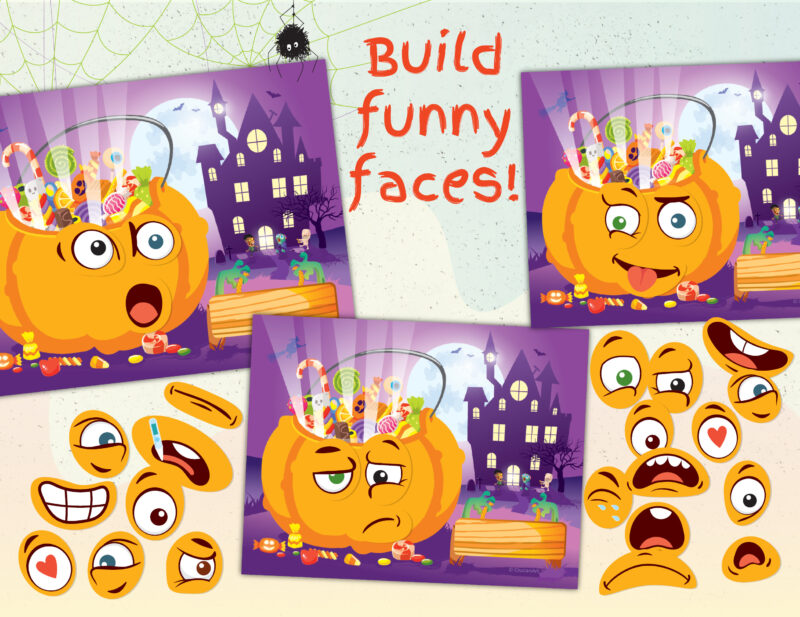 Emotion recognition activity for preschool kids. Halloween pumpkin theme activity about feelings and mood.