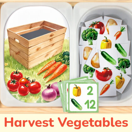 Harvest vegetables counting activity placed on trofast boxes in ikea flisat children's sensory table. Printable toddler activity for summer veggies study unit.