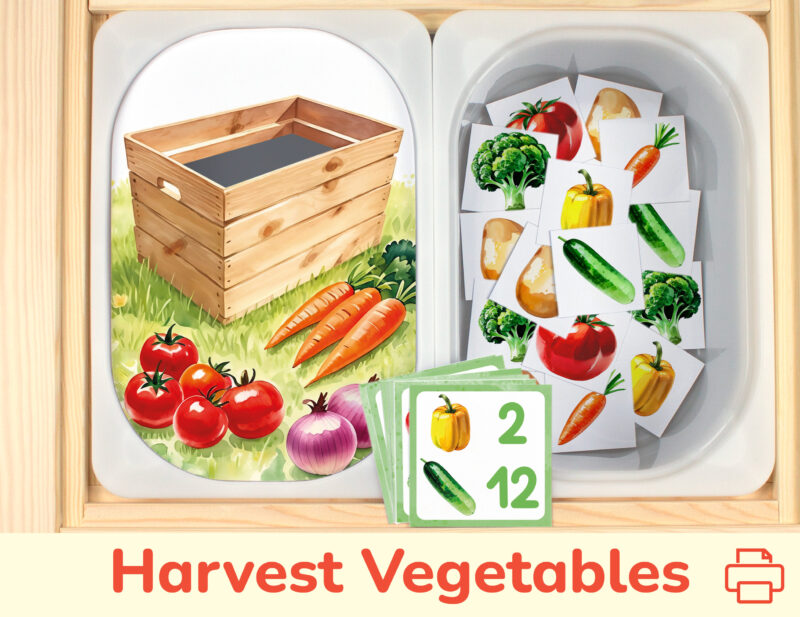 Harvest vegetables counting activity placed on trofast boxes in ikea flisat children's sensory table. Printable toddler activity for summer veggies study unit.