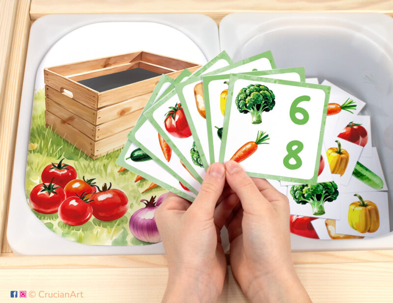 Harvest time pretend play setup for a matching and counting game. Kids' hands holding task cards displaying numerals and tomato, cucumber, bell pepper, broccoli, carrots, potatoes. Vegetables unit printables for toddlers.