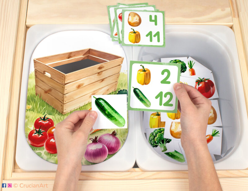Harvest Vegetables Flisat insert resource in a Montessori preschool. Harvest time theme early math counting activity placed on an IKEA children's sensory table.