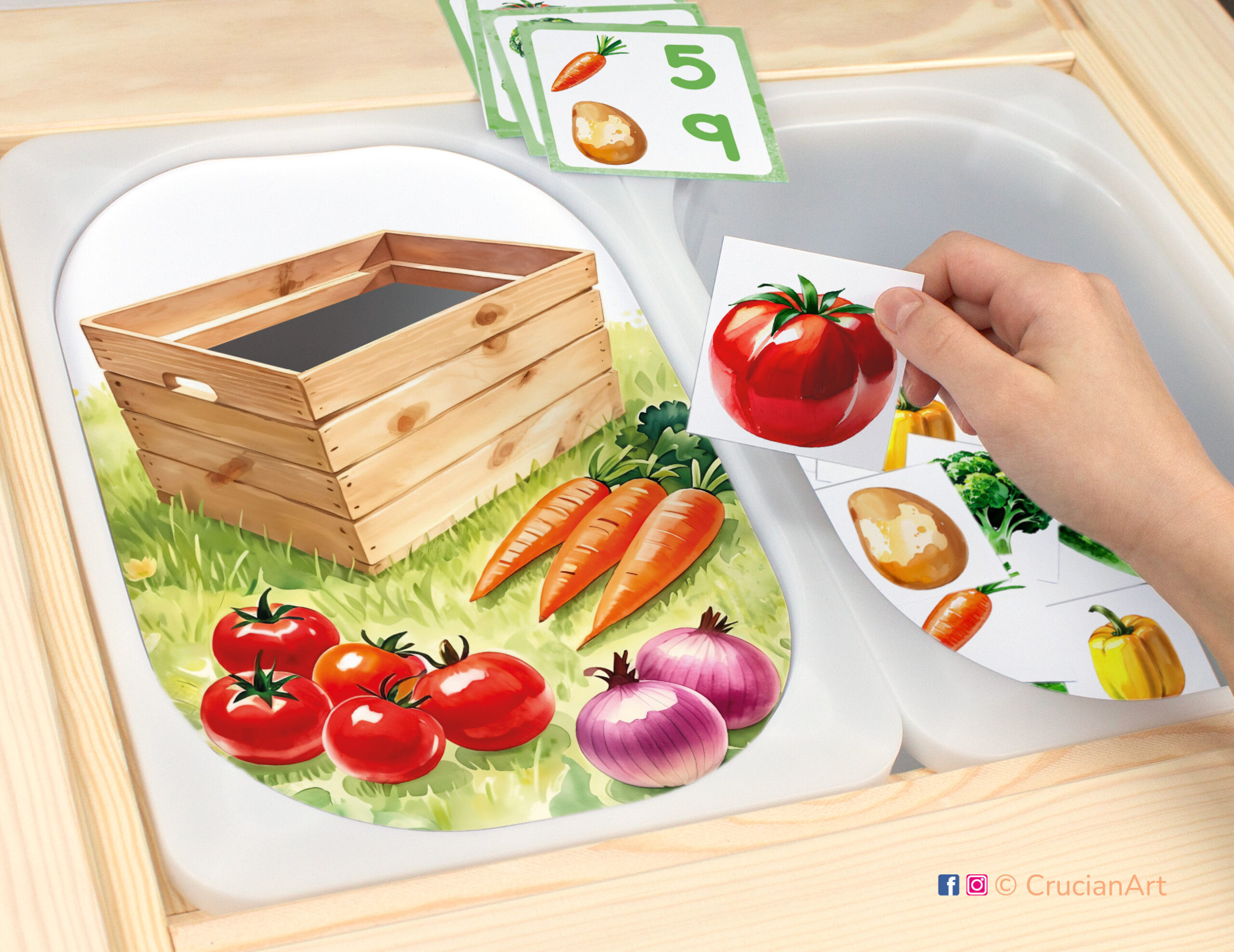 Harvest time sensory play for a daycare center. Printable template for ikea flisat table bins for kids. Classroom educational printables for a vegetables study unit.