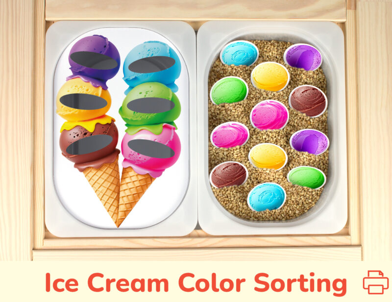 Ice cream cone insert placed on Trofast sensory bins in IKEA Fflisat children's sensory table.