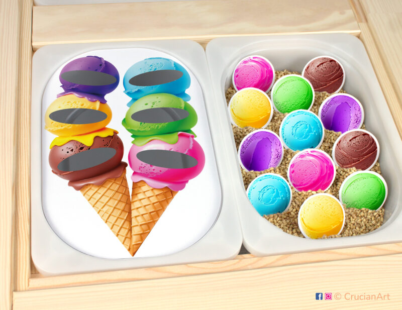 Ice cream cone pretend play setup for a scoop color sorting game. Summer sweets themed sensory table insert. Printable template for ikea flisat sensory table bins for kids.