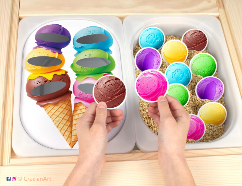 Printable template inserted into IKEA flisat table bins. Ice cream scoop color sorting activity for toddlers.