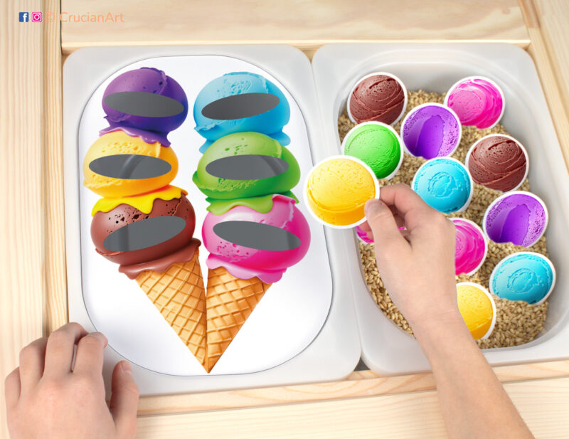 Ice cream cone theme sensory play in a childcare center: classroom learning printable materials for a summer season unit. Trofast insert template for kids sensory bins. Ice cream scoop color sorting printables for the IKEA Flisat sensory table.