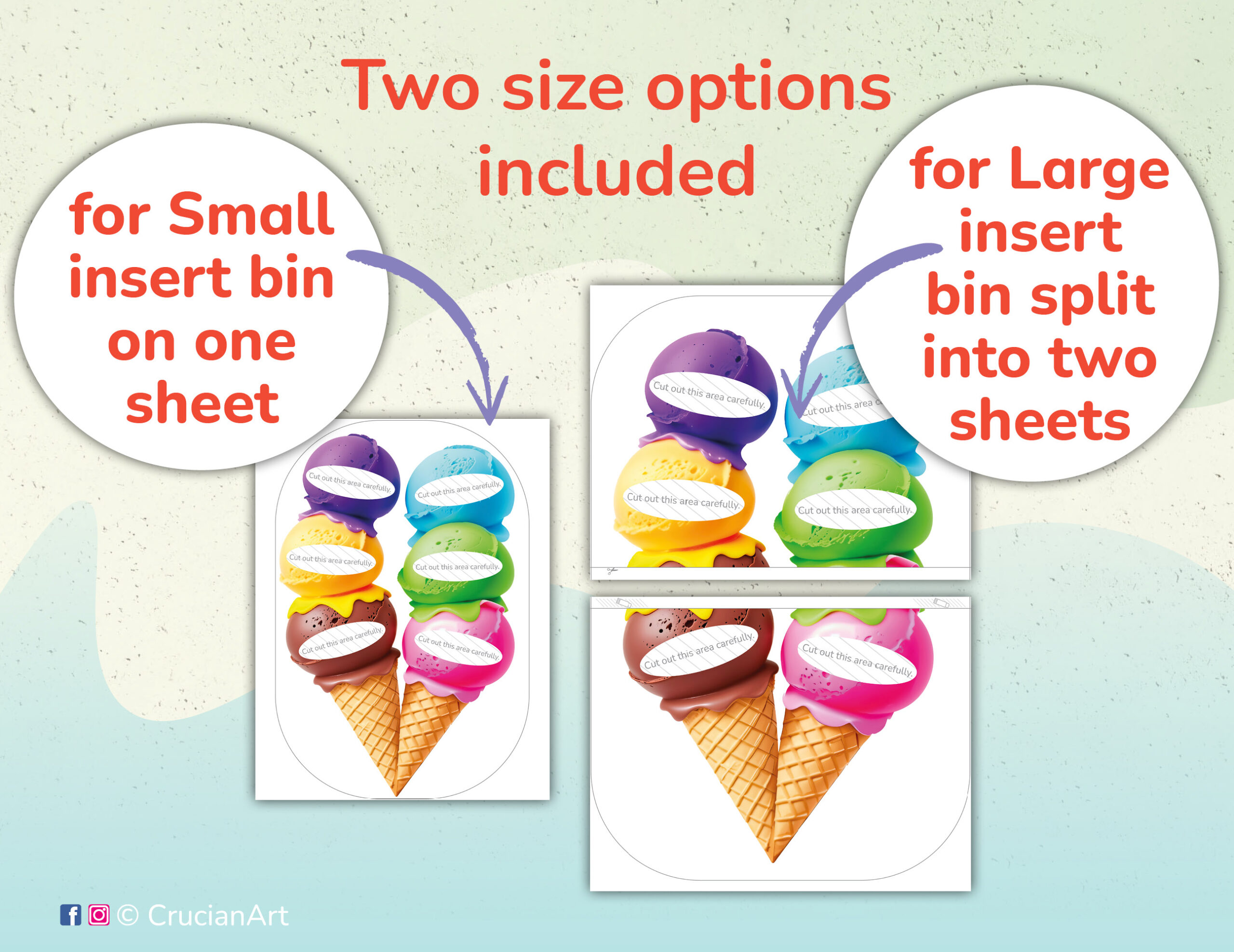 Ice cream scoop color sorting flisat insert printables for small and large Trofast sensory bins. Summer sweets unit educational resources for daycare centers. DIY insert template for Ikea Flisat sensory table.