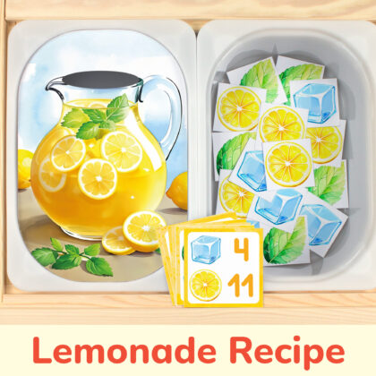 Lemonade recipe sorting and counting activity placed on trofast boxes in ikea flisat children's sensory table. Printable toddler activity for summer fruits study unit.