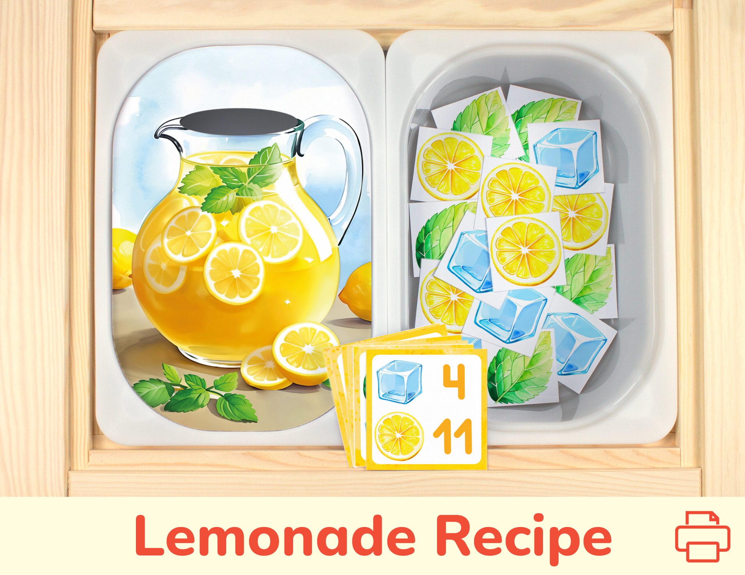 Lemonade recipe sorting and counting activity placed on trofast boxes in ikea flisat children's sensory table. Printable toddler activity for summer fruits study unit.