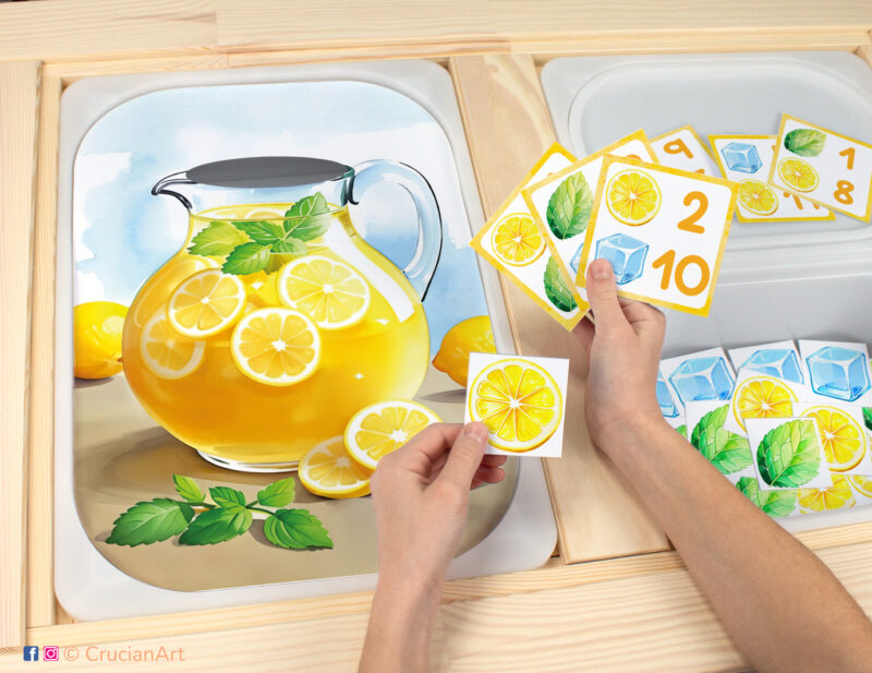 Toddler sensory play: lemonade recipe worksheet for an educational counting activity inserted into IKEA Flisat table and counters with lemon slices, mint leaves, ice cubes placed in the Trofast bin.