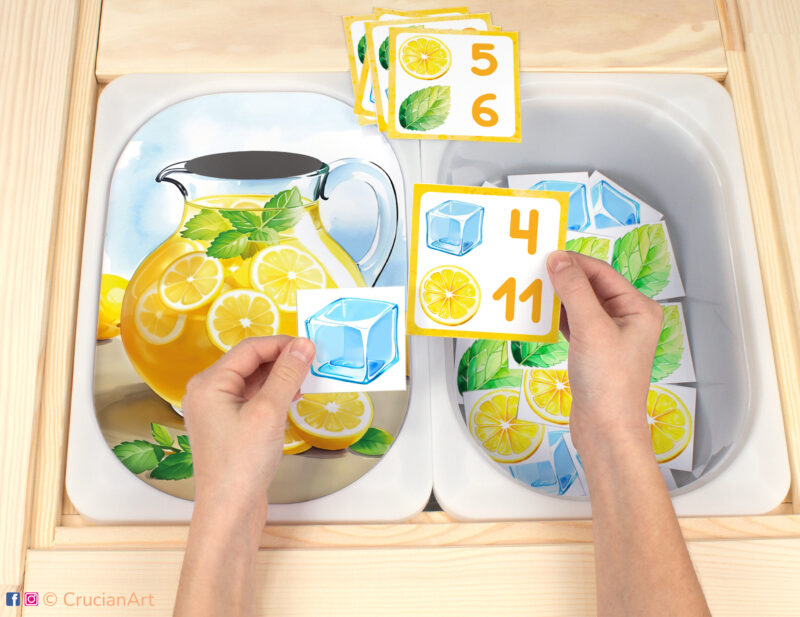 Let's make lemonade Flisat insert resource in a Montessori preschool. Lemonade recipe theme early math counting activity placed on an IKEA children's sensory table.