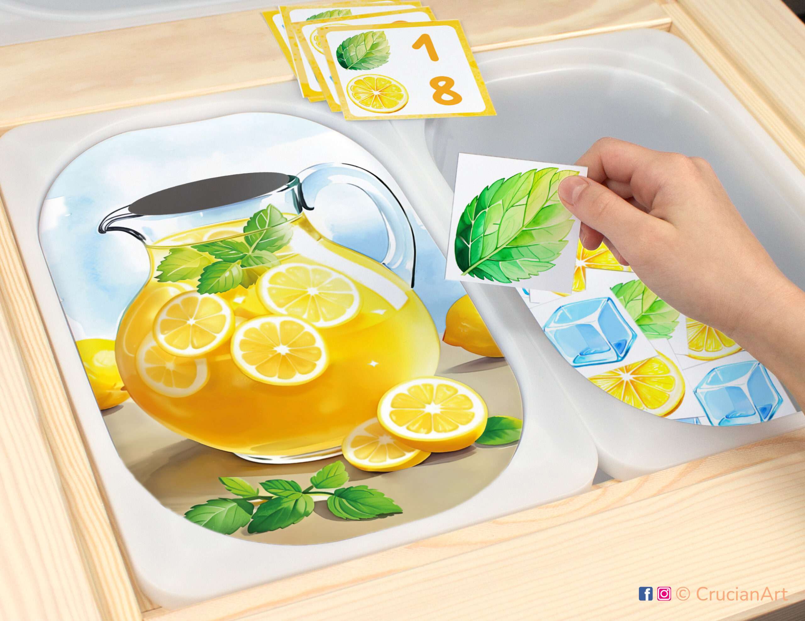 Lemonade recipe sensory play for a daycare center. Printable template for ikea flisat table bins for kids. Classroom educational printables for a summer fruit study unit.