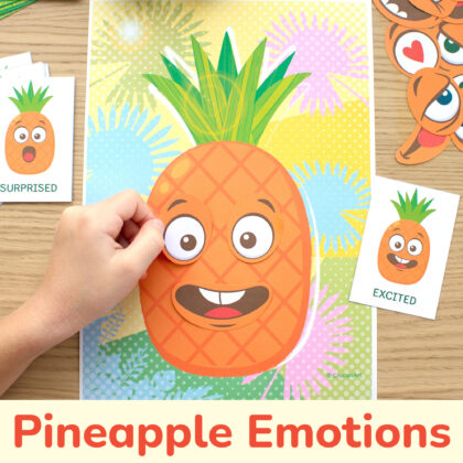 Pineapple emotions and feelings activity for kids. Emotional intelligence summer printable resource for toddlers. Empathy-building preschool activities.