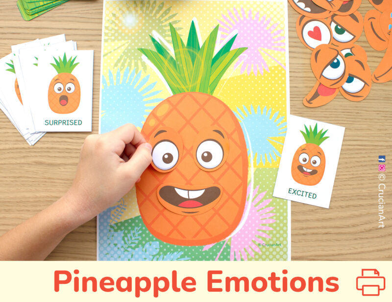 Pineapple emotions and feelings activity for kids. Emotional intelligence summer printable resource for toddlers. Empathy-building preschool activities.