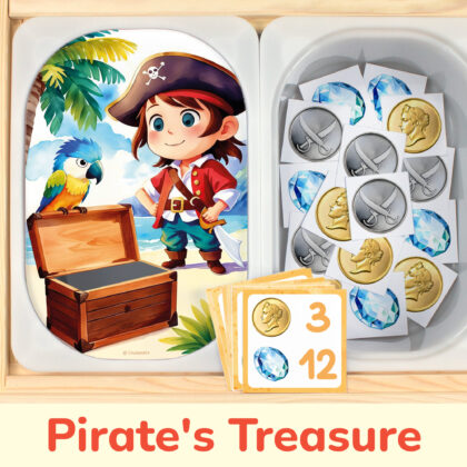 Pirate's treasure chest sorting and counting activity placed on trofast boxes in ikea flisat children's sensory table. Printable toddler activity for the treasure island adventure unit.