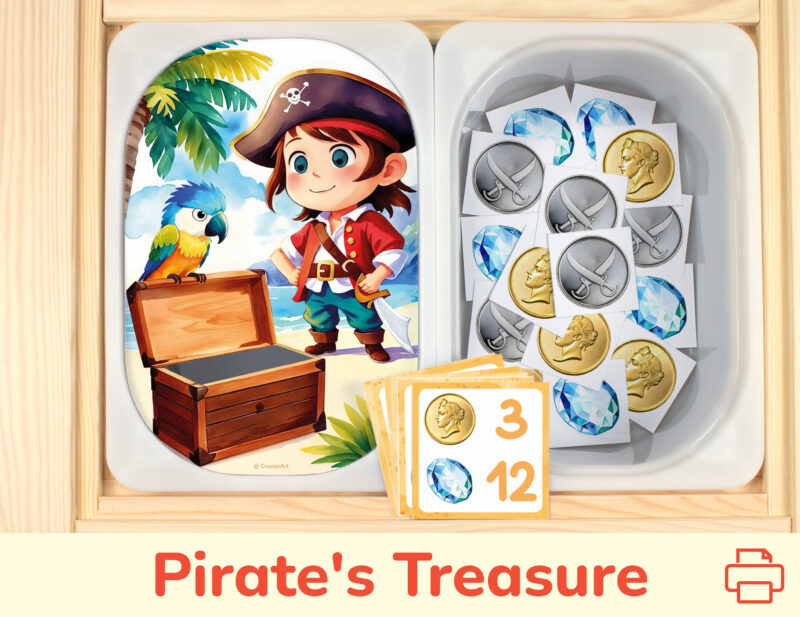 Pirate's treasure chest sorting and counting activity placed on trofast boxes in ikea flisat children's sensory table. Printable toddler activity for the treasure island adventure unit.