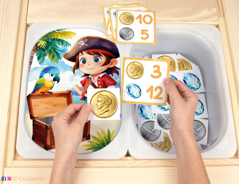 Let's sort pirate gold doubloon, silver doubloon and gems Flisat insert resource in a Montessori preschool. Treasure Island theme early math counting activity placed on an IKEA children's sensory table.