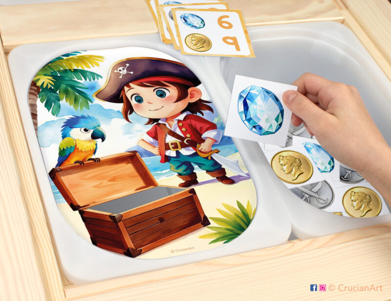 Pirate's treasure chest sensory play for a daycare center. Printable template for ikea flisat table bins for kids. Classroom educational printables for a Treasure Island unit.