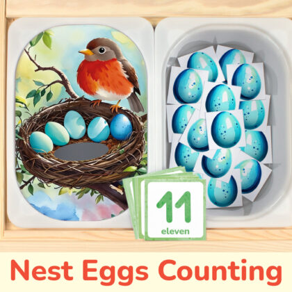 Robin bird eggs counting activity placed on Trofast boxes in IKEA Flisat children's sensory table