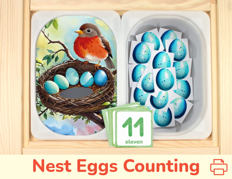 Robin bird eggs counting activity placed on Trofast boxes in IKEA Flisat children's sensory table