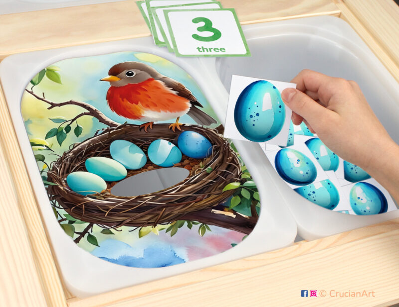 American Robin eggs in a nest sensory play in a childcare center: classroom learning printable materials for a backyard birds study unit. Counting trofast insert template for kids sensory bins. Spring printables for the ikea flisat sensory table.