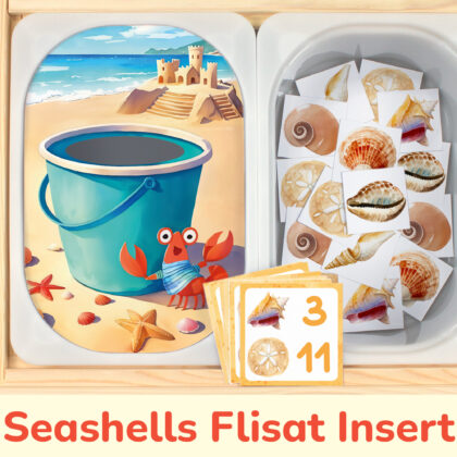 Seashell sorting and counting activity placed on trofast boxes in ikea flisat children's sensory table. Printable toddler activity for summer vacation unit.