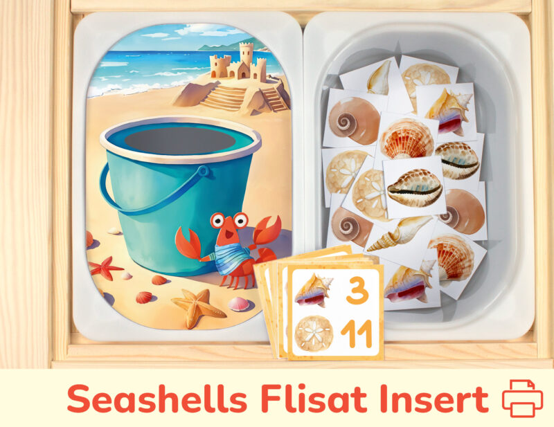 Seashell sorting and counting activity placed on trofast boxes in ikea flisat children's sensory table. Printable toddler activity for summer vacation unit.
