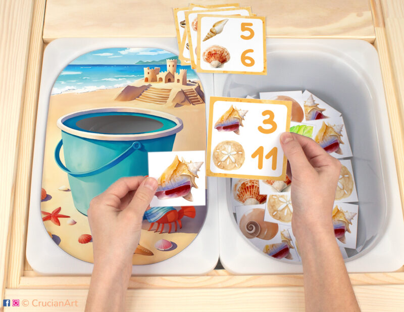 Beach summer playtime Flisat insert resource in a Montessori preschool. Seashell types theme early math counting activity placed on an IKEA children's sensory table.
