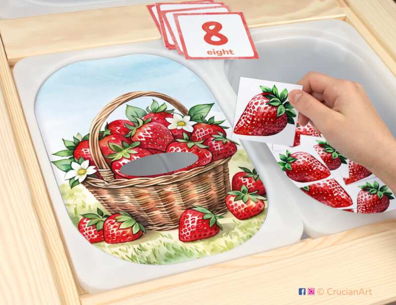In the summer garden sensory play in a childcare center: classroom learning printable materials for strawberry study unit. Counting trofast insert template for kids sensory bins. Printables for the ikea flisat sensory table.