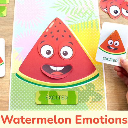 Summer watermelon emotions and feelings activity for kids. Emotional intelligence printable resource for toddlers. Empathy-building preschool activities.