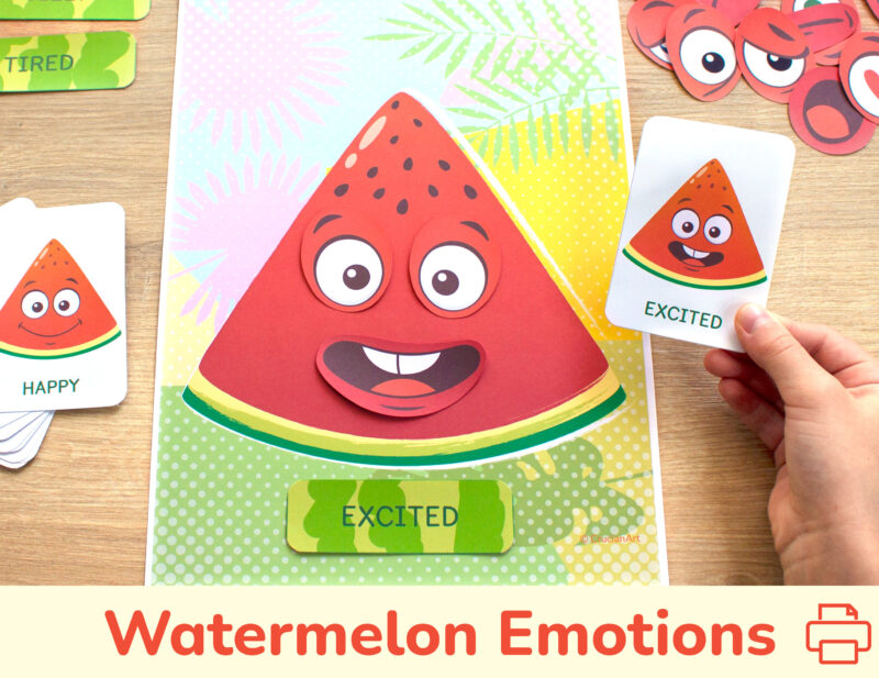 Summer watermelon emotions and feelings activity for kids. Emotional intelligence printable resource for toddlers. Empathy-building preschool activities.